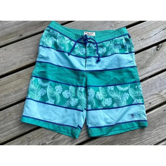Penguin Munsing Wear Men's Board Shorts Swim Green Abstract Drawstring 33 Medium - Picture 1 of 4